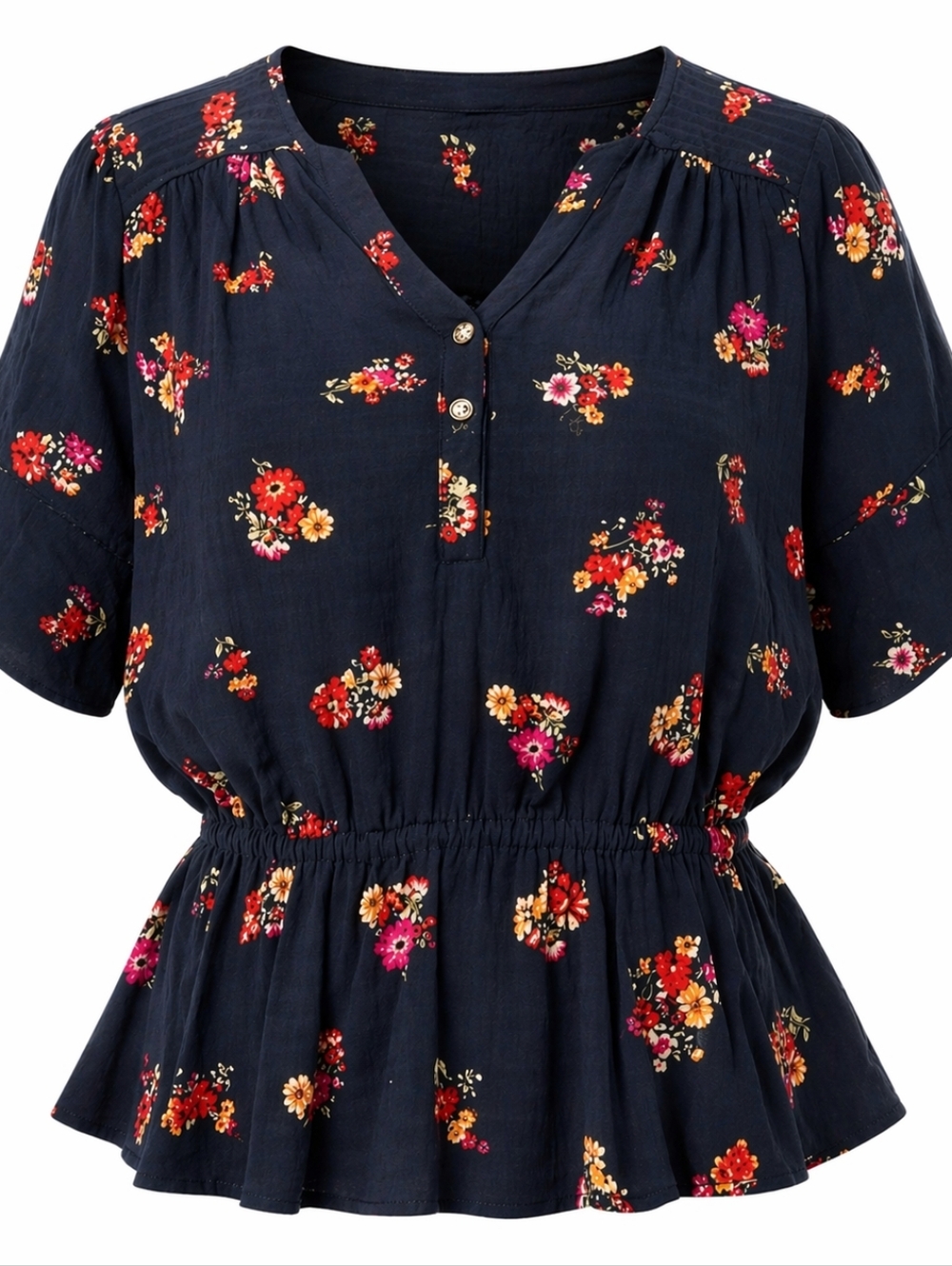 Democracy Floral Peplum Blouse Womens Size Small Navy Button Front Top